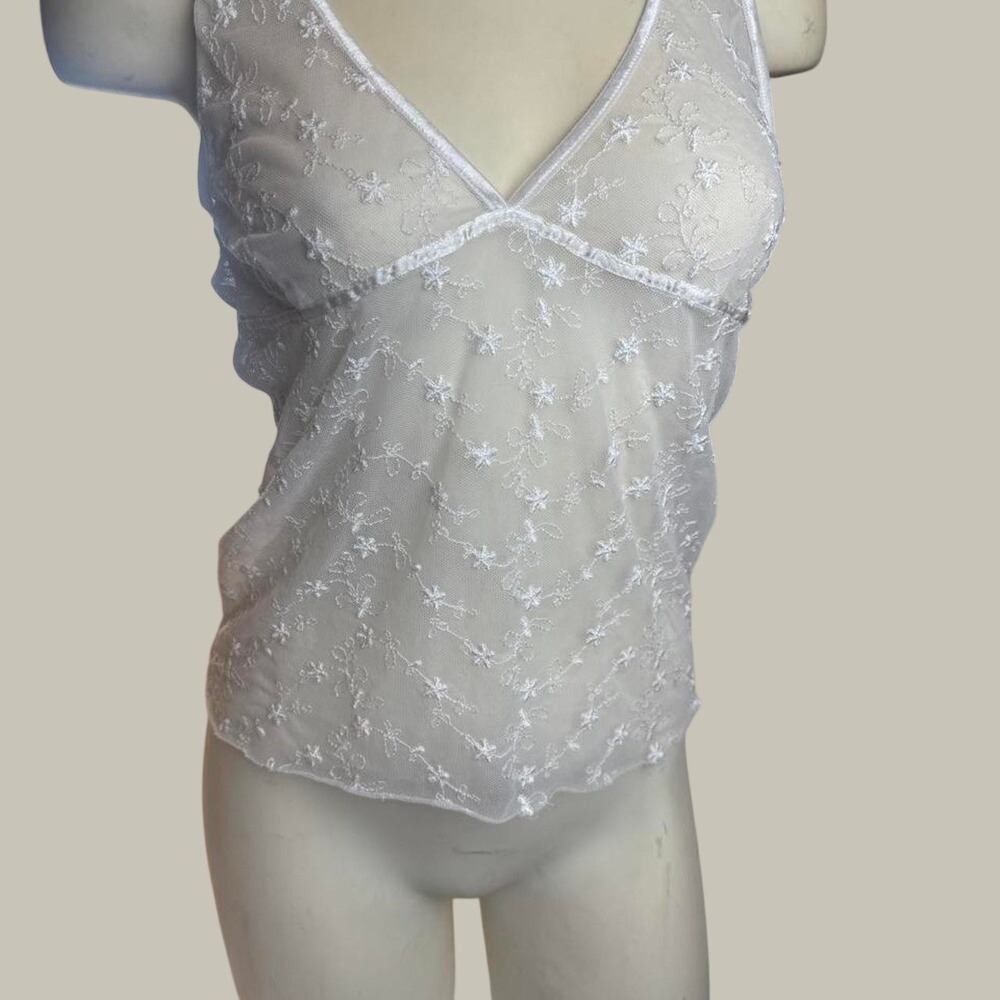 Abercrombie White Sheer Mesh Floral Embroidered Camisole Coquette
